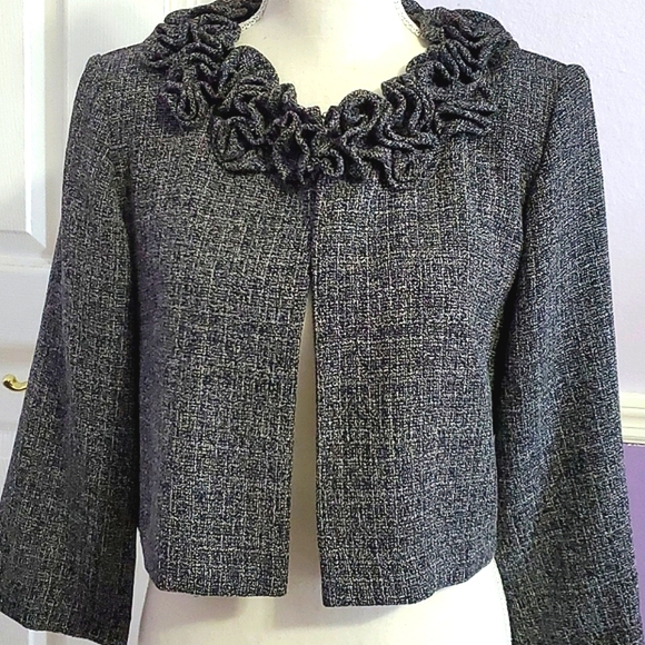 Danny & Nicole Charcoal Lettuce Ruffled Neck Long Sleeve Career Cropped Jacket - Picture 1 of 12